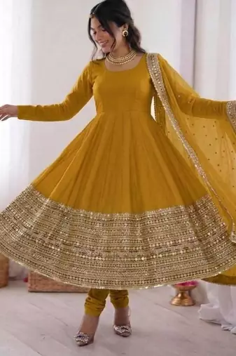 Yellow roman silk anarkali gown with dupatta & bottom