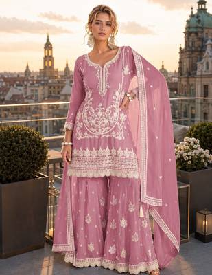 purple embroidered silk blend salwar suit - free size 1