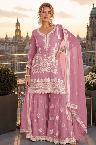 purple embroidered silk blend salwar suit - free size
