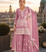 purple embroidered silk blend salwar suit - free size