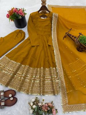 Yellow roman silk anarkali gown with dupatta & bottom 3