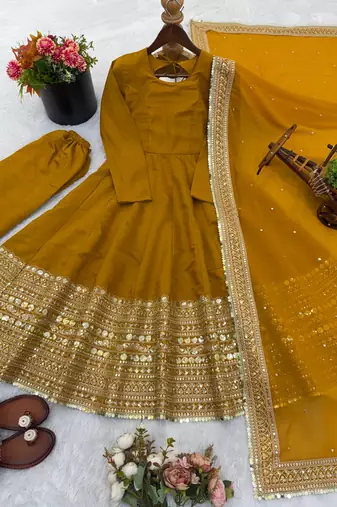 Yellow roman silk anarkali gown with dupatta & bottom