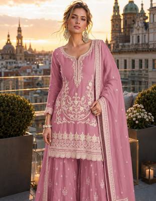 purple embroidered silk blend salwar suit - free size 2