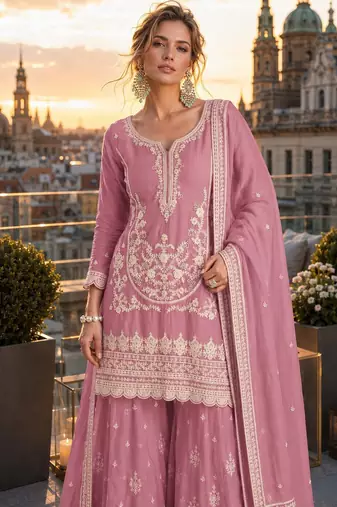 purple embroidered silk blend salwar suit - free size