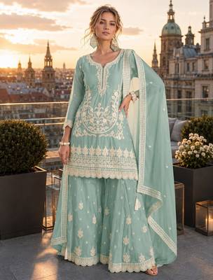 turquoise embroidered silk blend salwar suit - free size 1