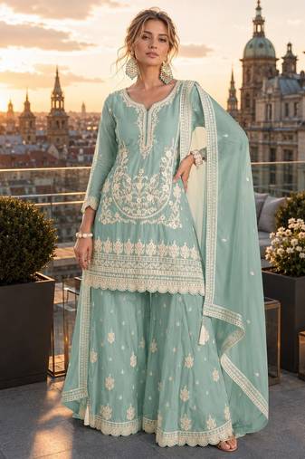 turquoise embroidered silk blend salwar suit - free size