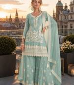 turquoise embroidered silk blend salwar suit - free size