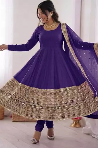 Purple roman silk anarkali gown with dupatta & bottom