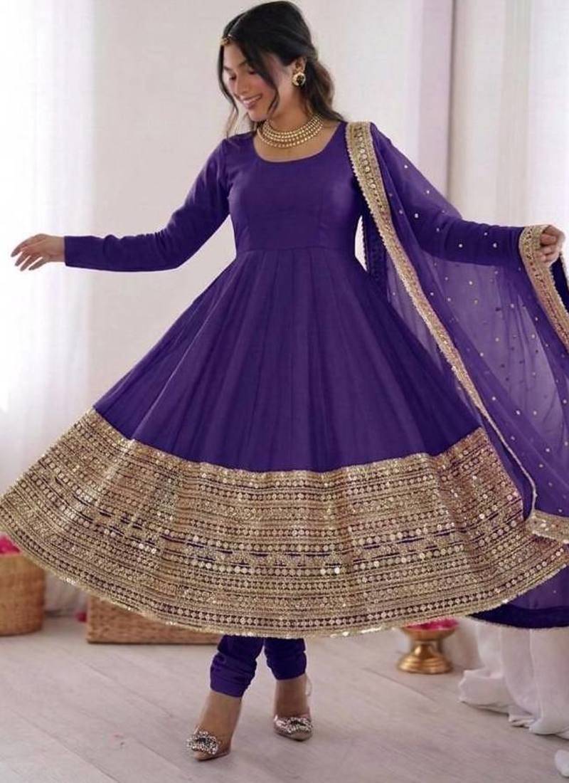 purple silk blend anarkali gown with dupatta & bottom
