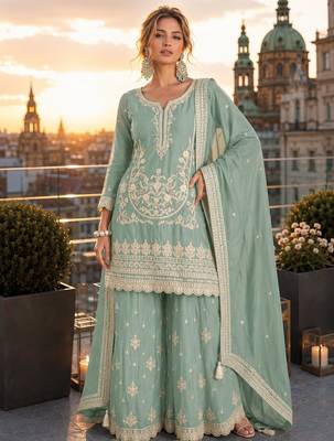 turquoise embroidered silk blend salwar suit - free size 2