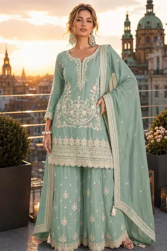 turquoise embroidered silk blend salwar suit - free size