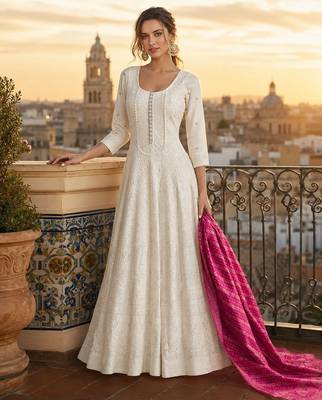 white embroidered georgette anarkali salwar suit - free size 1