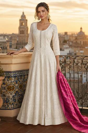 white embroidered georgette anarkali salwar suit - free size