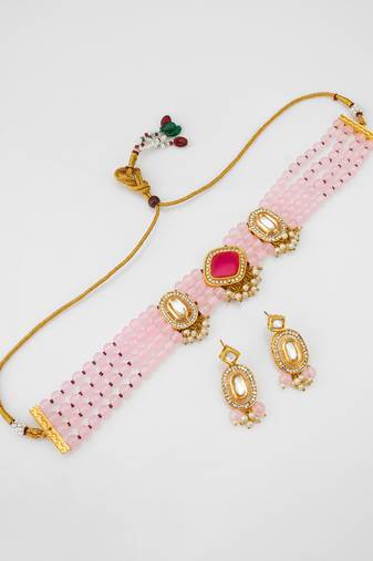 pink beaded kundan choker set