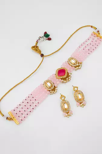 pink beaded kundan choker set