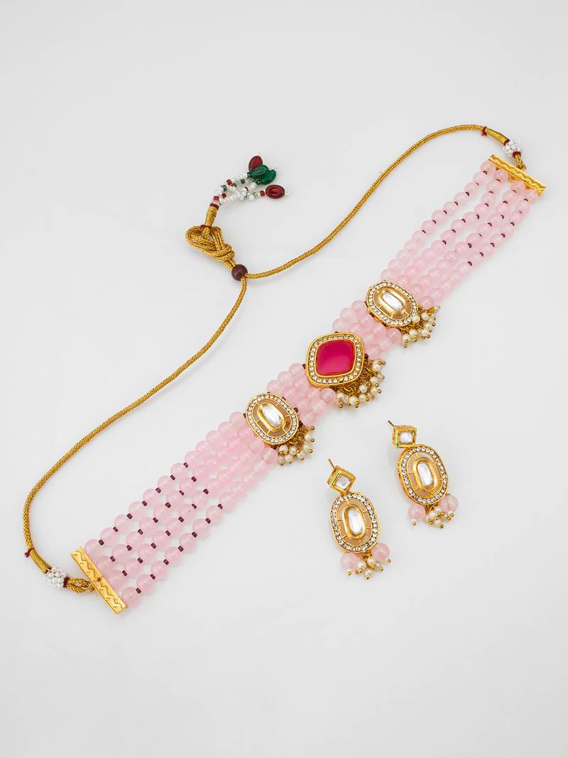 pink beaded kundan choker set