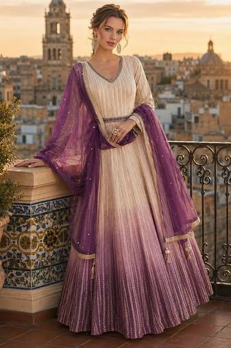cream embroidered georgette anarkali salwar suit - free size