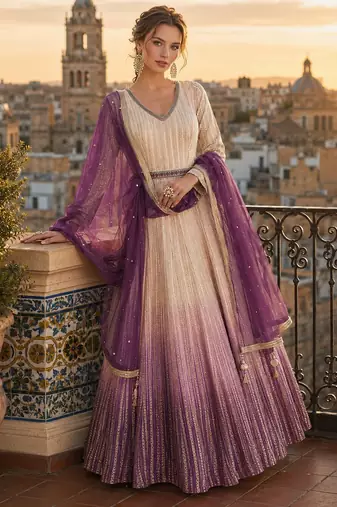 cream embroidered georgette anarkali salwar suit - free size