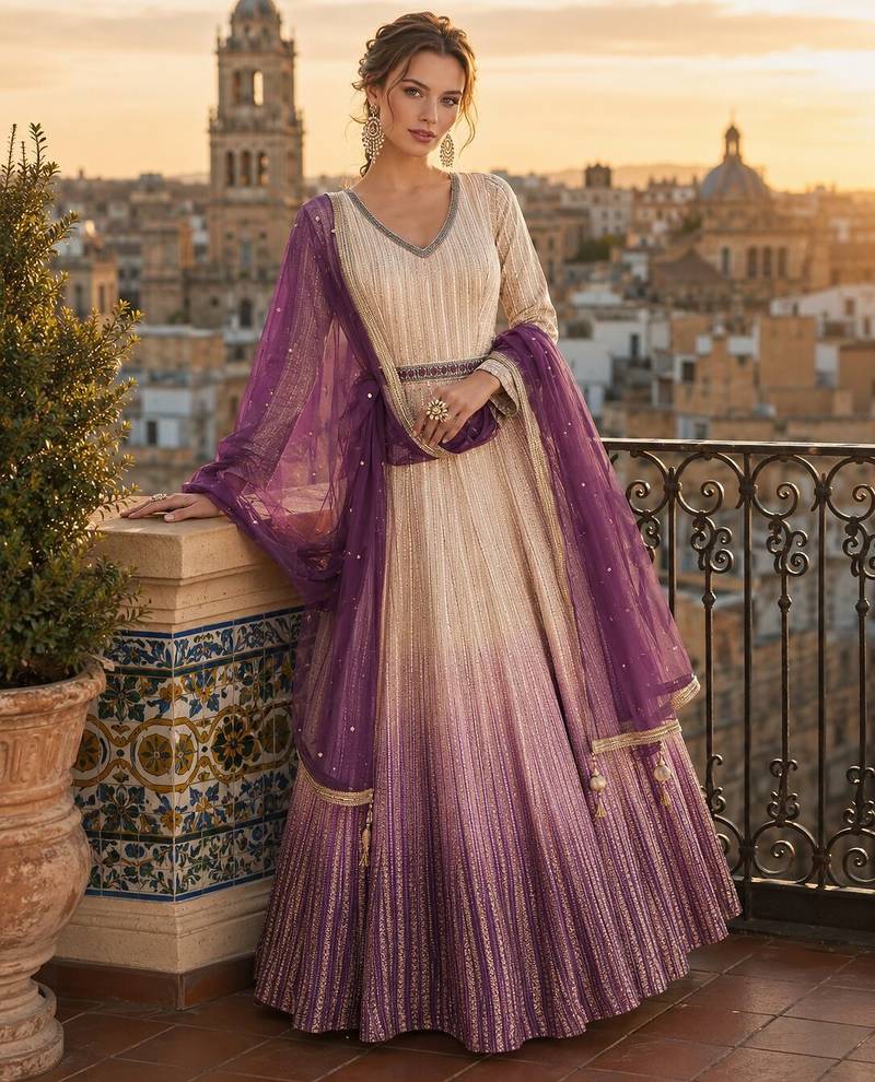 cream embroidered georgette anarkali salwar suit - free size