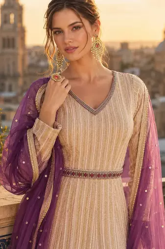 cream embroidered georgette anarkali salwar suit - free size