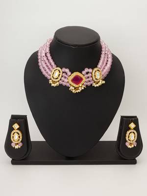 pink beaded kundan choker set 4