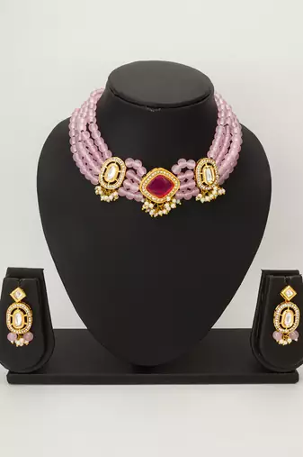 pink beaded kundan choker set