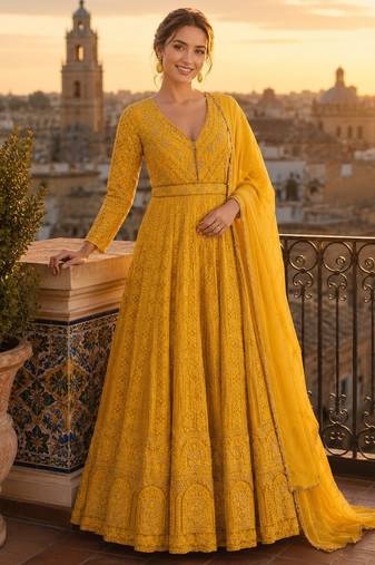 yellow embroidered georgette anarkali salwar suit - free size