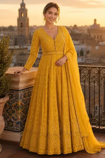 yellow embroidered georgette anarkali salwar suit - free size