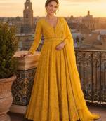 yellow embroidered georgette anarkali salwar suit - free size
