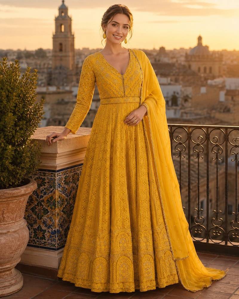 yellow embroidered georgette anarkali salwar suit - free size