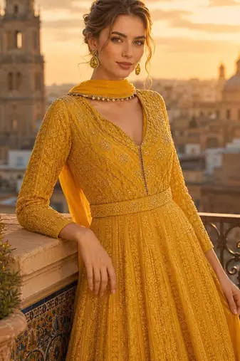 yellow embroidered georgette anarkali salwar suit - free size
