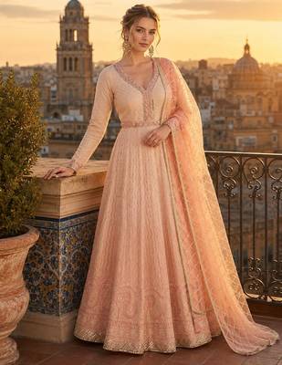 peach embroidered georgette anarkali salwar suit - free size 1