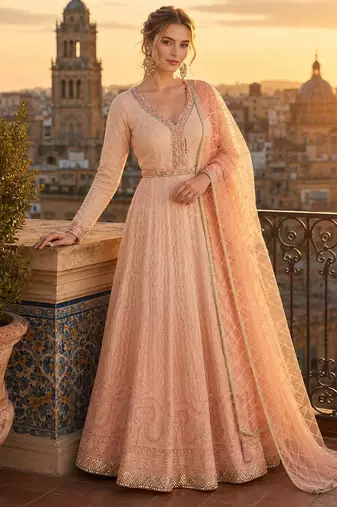peach embroidered georgette anarkali salwar suit - free size