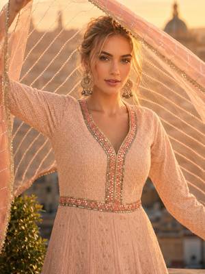 peach embroidered georgette anarkali salwar suit - free size 2