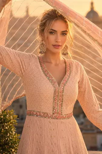 peach embroidered georgette anarkali salwar suit - free size