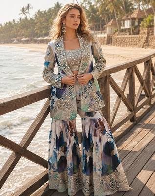 navy blue embroidered silk blend salwar suit - free size 1
