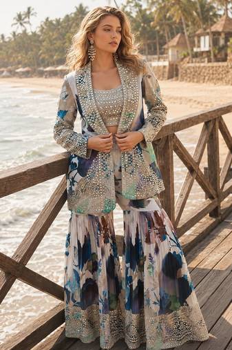 navy blue embroidered silk blend salwar suit - free size