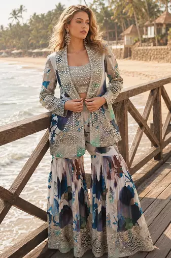 navy blue embroidered silk blend salwar suit - free size
