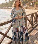navy blue embroidered silk blend salwar suit - free size