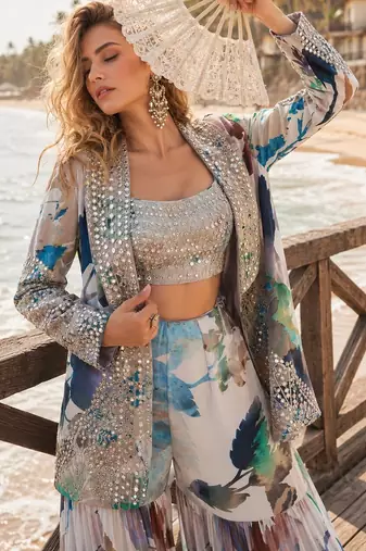 navy blue embroidered silk blend salwar suit - free size