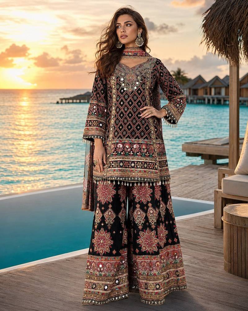 black digital print crepe crepe salwar suit - free size