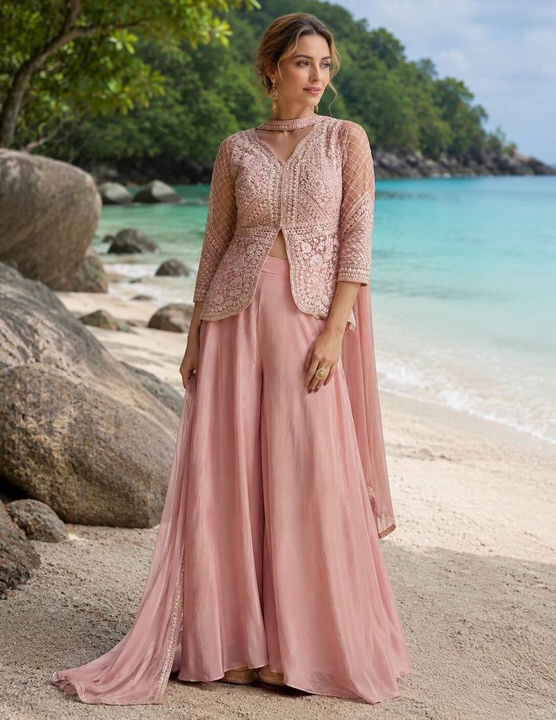 baby pink embroidered net cord set