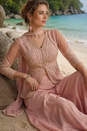 baby pink embroidered net cord set