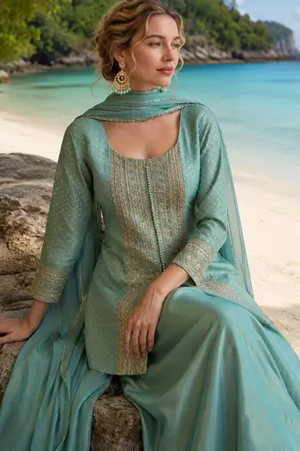 sky blue embroidered viscose cord set
