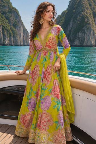 mustard embroidered silk blend anarkali salwar suit