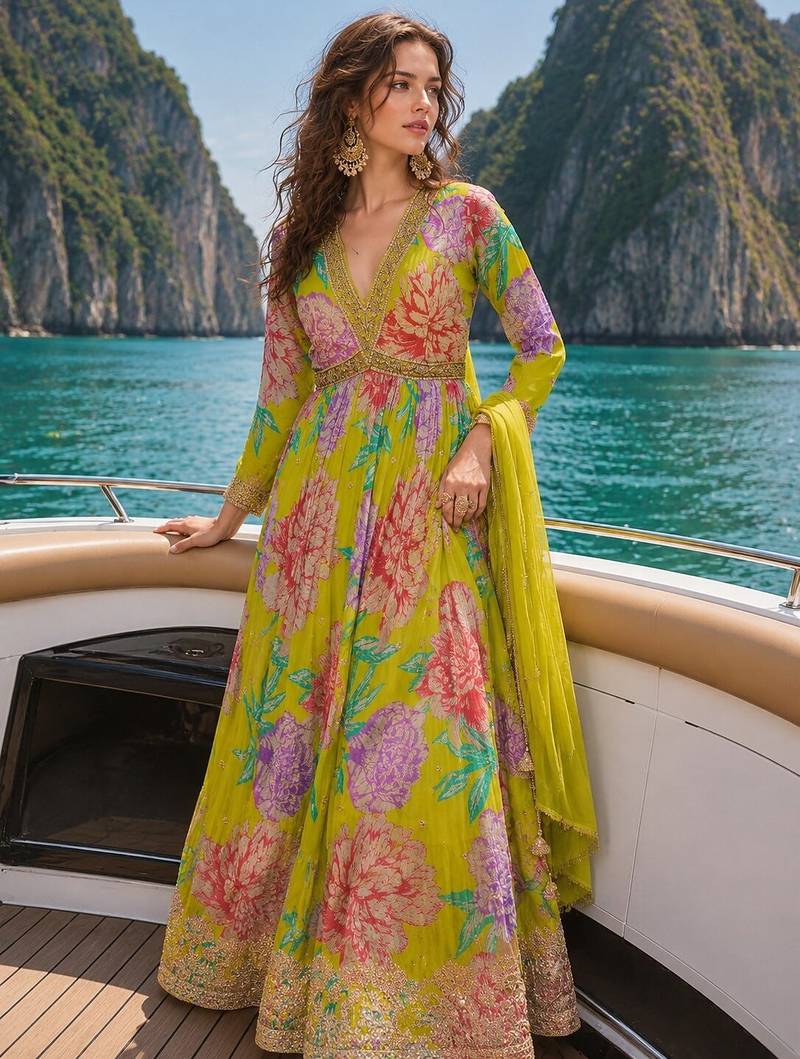 mustard embroidered silk blend anarkali salwar suit