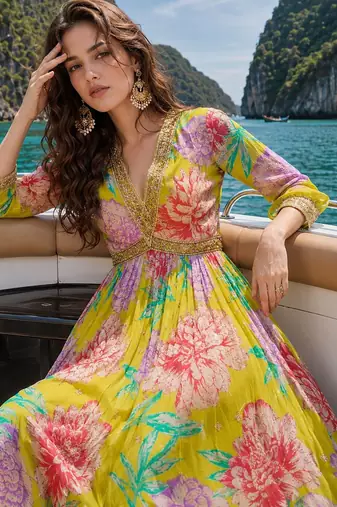 mustard embroidered silk blend anarkali salwar suit
