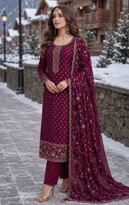 purple embroidered silk blend salwar suit 1