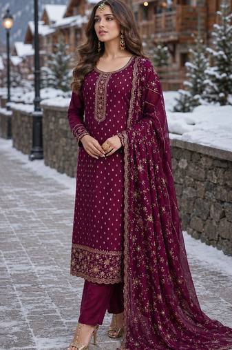 purple embroidered silk blend salwar suit