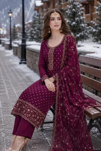 purple embroidered silk blend salwar suit